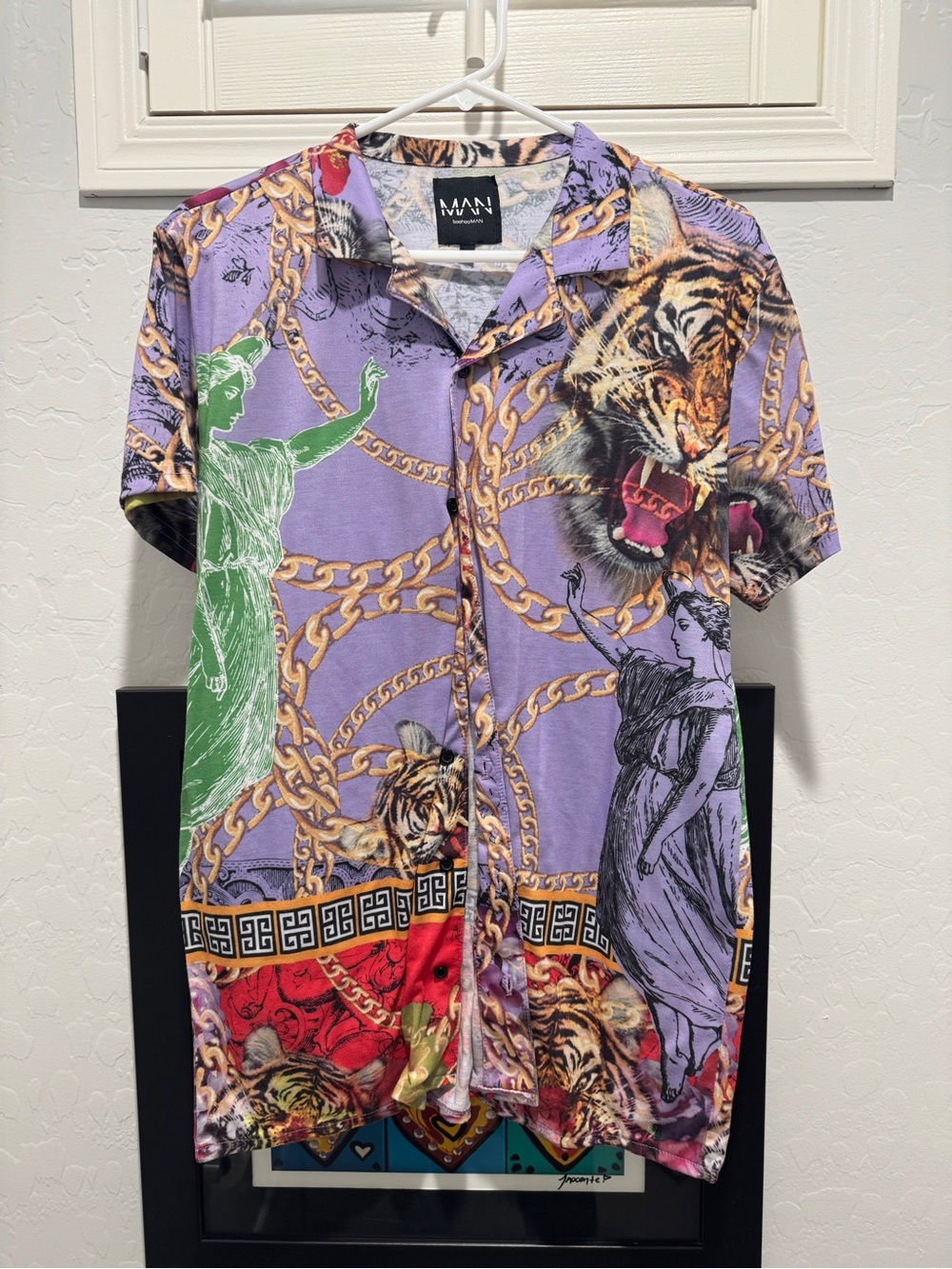 Boohoo Lavender Multicolor Tiger & Chain Print Short-Sleeve Shirt